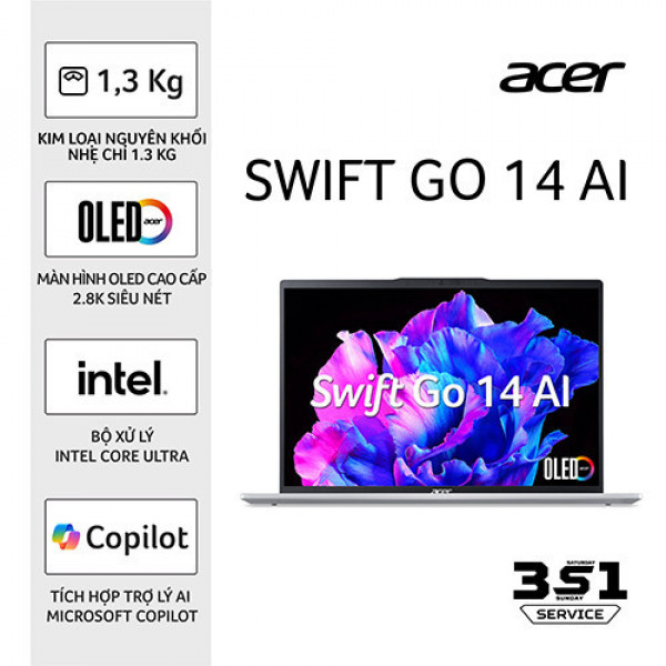 Acer Swift Go 14 AI Gen 2 OLED SFG14-73-75YM NX.KSGSV.002 (Ultra 7 155H | 16GB | 512GB | Intel Arc | 14 inch 2.8K OLED | Win 11 | Bạc)