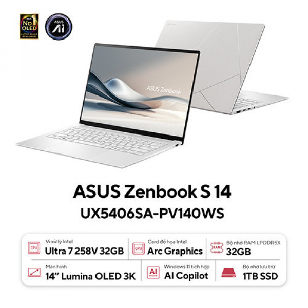 Laptop ASUS Zenbook S 14 UX5406SA-PV140WS  (Ultra 7 258V 32GB | 32GB | 1TB | Intel® Arc™ Graphics | 14 inch 3K OLED 120Hz | Win 11 | Trắng)