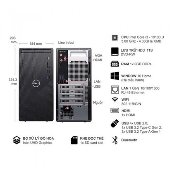 PC Dell Inspiron 3030 Tower T6FDR2 (Core i7-14700 | 16Gb DDR5 5600MHZ | 512GB SSD | Wifi 6 _ BT 5.2 | 180w | Windows 11 Home)