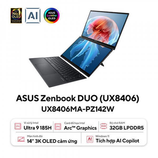 [Hàng Review] Laptop Asus Zenbook Duo OLED UX8406MA-PZ142W (Core™ Ultra 9 185H | 32GB | 1TB | Intel® Arc™ Graphics | 14.0inch 3K OLED 120Hz | Bút cảm ứng | Bàn phím | Win 11 | Xám)