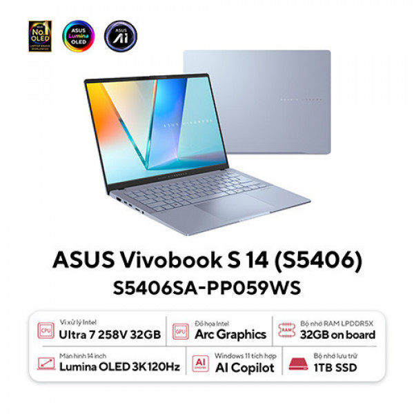 Laptop Asus Vivobook S 14 OLED S5406SA-PP059WS (Ultra 7-258V | 32GB | 1TB | Intel® Arc™ Graphics | 14.0inch 3K OLED | Win 11 | OfficeHS24 | Xanh) 