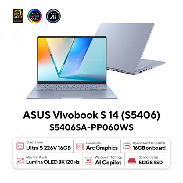 Laptop Asus Vivobook S 14 OLED S5406SA-PP060WS (Ultra 5-226V | 16GB | 512GB | Intel® Arc™ Graphics | 14.0inch 3K OLED | Win 11 | OfficeHS24 | Xanh) 