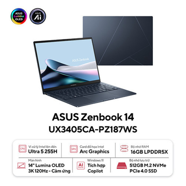 Laptop ASUS Zenbook 14 OLED UX3405CA-PZ187WS (Ultra 5 225H | 16GB | 512GB | Intel® Arc™ Graphics | 14.0inch 3K OLED | Cảm ứng | Bút cảm ứng | Win 11 | Office | Xanh)