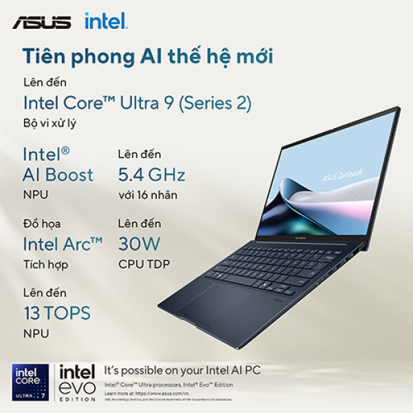 Laptop ASUS Zenbook 14 OLED UX3405CA-PZ187WS (Ultra 5 225H | 16GB | 512GB | Intel® Arc™ Graphics | 14.0inch 3K OLED | Cảm ứng | Bút cảm ứng | Win 11 | Office | Xanh)