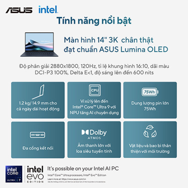 Laptop ASUS Zenbook 14 OLED UX3405CA-PZ187WS (Ultra 5 225H | 16GB | 512GB | Intel® Arc™ Graphics | 14.0inch 3K OLED | Cảm ứng | Bút cảm ứng | Win 11 | Office | Xanh)