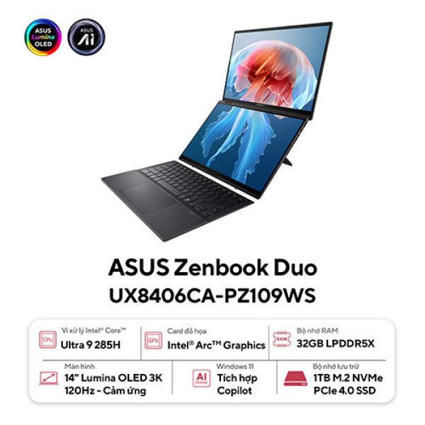 Laptop Asus Zenbook Duo OLED UX8406CA-PZ109WS (Ultra 9 285H | 32GB | 1TB | Intel® Arc™ Graphics | 14.0inch 3K OLED 120Hz | Bút cảm ứng | Bàn phím | Win 11 | Office | Xám)