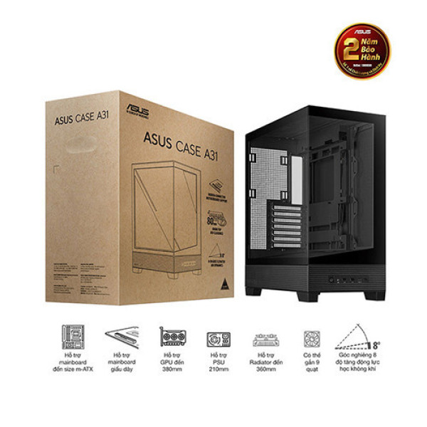 Vỏ Case ASUS A31 TG BLACK (ATX, tương thích MB giấu dây, hỗ trợ lắp lên tới 10 quạt 120mm)