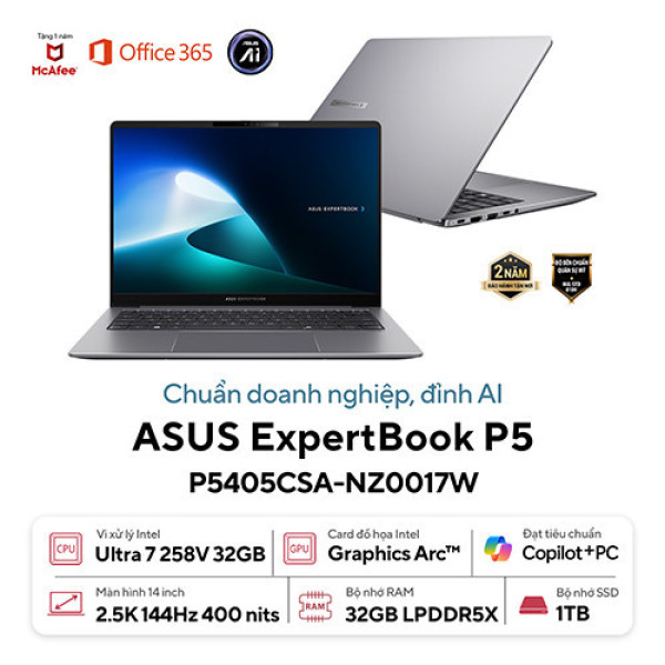 Laptop ASUS ExpertBook P5 P5405CSA-NZ0017W (Ultra 7 258V | 32GB | 1TB | Intel Arc 140V | 14 inch WQXGA | Win 11 | Xám)