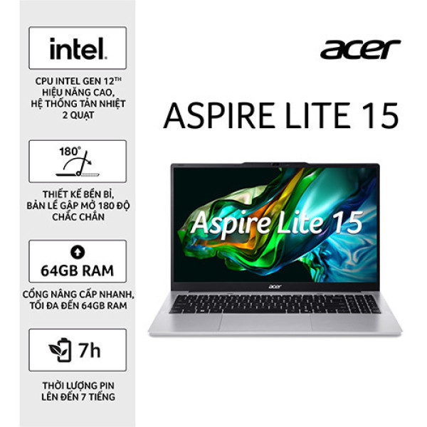 Laptop Acer Aspire Lite 15 AL15-71P-517D NX.J7KSV.001 (Core i5-12450H | 16GB | 512GB | Intel® UHD Graphics | 15.6inch FHD | Win 11 | Bạc)