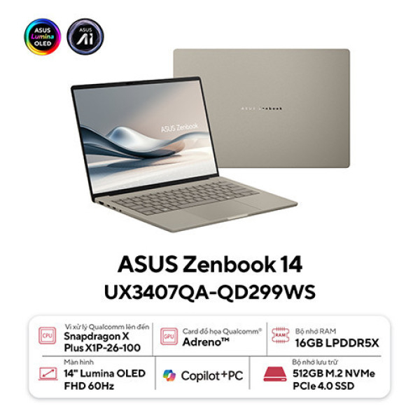 Laptop ASUS Zenbook 14 UX3407QA-QD299WS (Snapdragon® X  X1 26 100 | 16GB | 512GB | Qualcomm® Adreno™ GPU | 14inch WUXGA OLED | Win 11 | Office | Be)