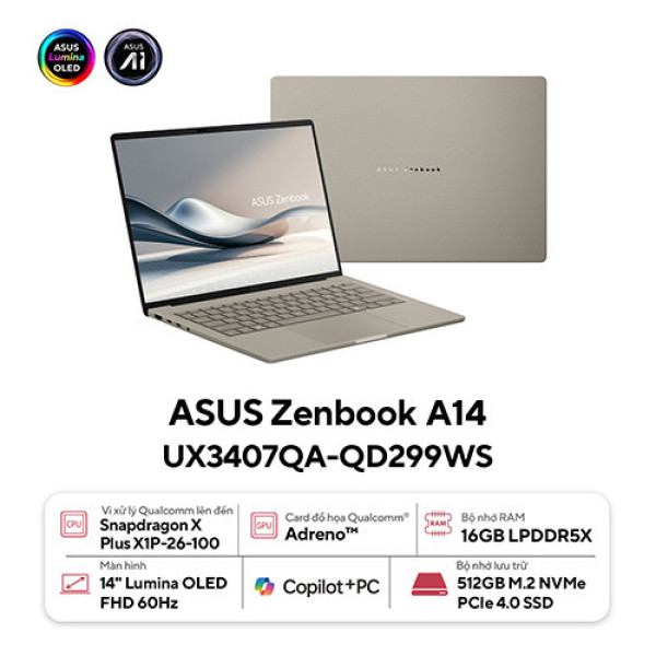 Laptop ASUS Zenbook A14 UX3407QA-QD299WS (Snapdragon® X  X1 26 100 | 16GB | 512GB | Qualcomm® Adreno™ GPU | 14inch WUXGA OLED | Win 11 | Office | Be)