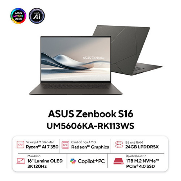 Laptop ASUS Zenbook S16 UM5606KA-RK113WS (Ryzen™ AI 7 350 | 24GB | 1TB | AMD Radeon™ Graphics | 16 inch 3K OLED | Win 11 | Office | Xám) 