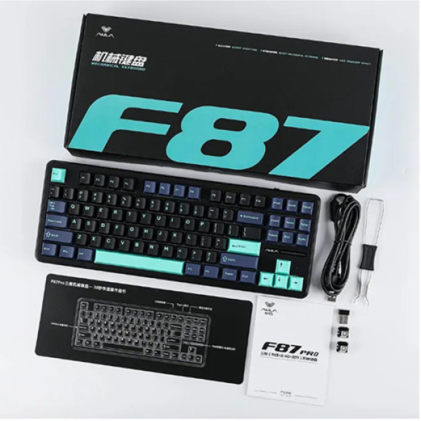 Bàn phím cơ Aula F87 PRO Xanh đậm+Đen+Xanh cổ vịt Greywood V4 switch (Bluetooth/ Wireless/ LED RGB)