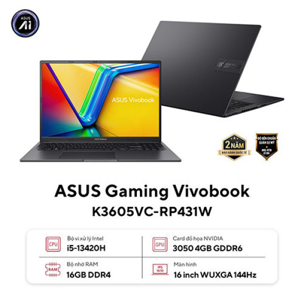 Laptop ASUS Gaming Vivobook K3605VC-RP431W (Core™ i5-13420H | 16GB | 512GB | RTX 3050 | 16inch FHD+ 144Hz | Win 11 | Đen)
