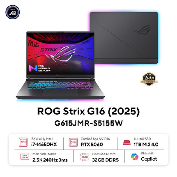 Laptop ASUS ROG Strix G16 G615JMR-S5155W (Core™ i7-14650HX | 32GB | 1TB | RTX 5060 8GB | 16.0inch WQXGA 240Hz | Win 11 | Xám) 