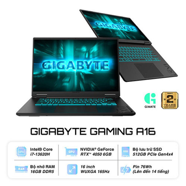 Laptop Gigabyte Gaming A16 CMHI2VN893SH (Core i7-13620H | 16GB | 512GB | RTX™ 4050 | 16inch FHD+ 165Hz | Win 11 | Đen)