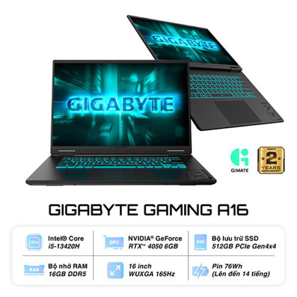 Laptop Gigabyte Gaming A16 CMHH2VN893SH (Core™ i5-13420H | 16GB | 512GB | RTX™ 4050 | 16inch FHD+ 165Hz | Win 11 | Đen)