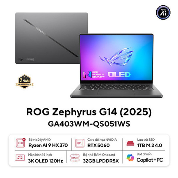 Laptop ASUS ROG Zephyrus G14 GA403WM-QS051WS (Ryzen™ AI 9 HX 370 | 32GB | 1TB | RTX 5060 | 14.0 inch 3K OLED | Win 11 | Xám | Sạc nhanh)