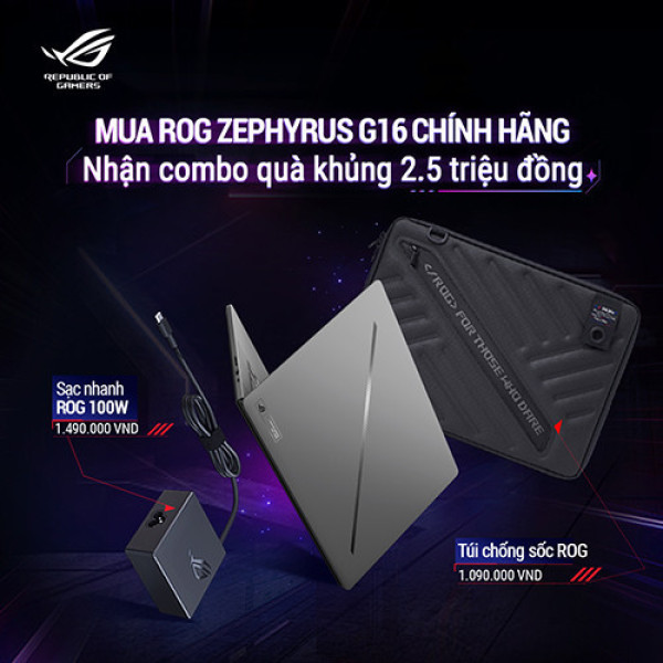 Laptop ASUS ROG Zephyrus G16 GU605CM-QR078W (Intel® Core™ Ultra 9 285H | 32GB | 1TB | RTX™ 5060 | 16.0 inch WQXGA OLED 240Hz | Win 11 | Xám | Sạc nhanh)