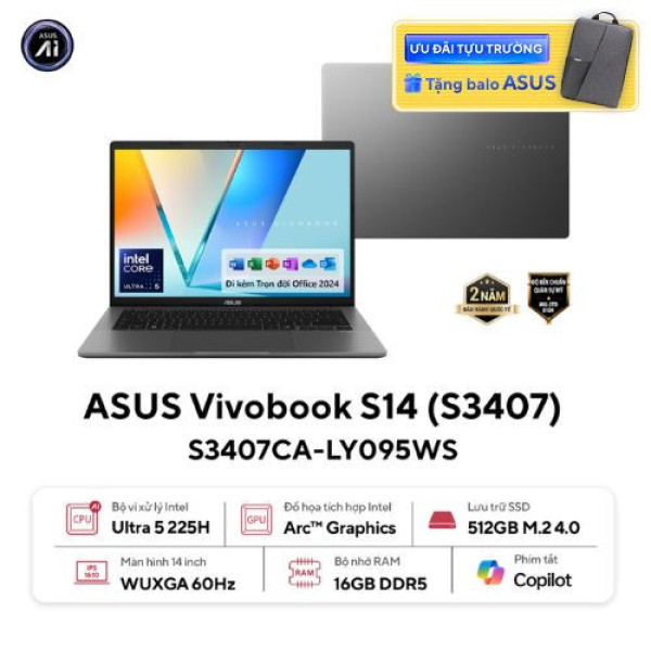 Laptop ASUS Vivobook S14 S3407CA-LY095WS (Ultra 5 225H | 16GB | 512GB |  Intel® Graphics | 14inch WUXGA | Win 11 | OfficeHS24 | Xám)