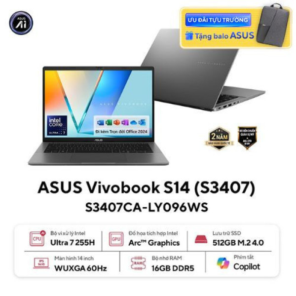 Laptop ASUS Vivobook S14 S3407CA-LY096WS (Ultra 7 255H | 16GB | 512GB |  Intel® Graphics | 14inch WUXGA | Win 11 | OfficeHS24 | Xám)