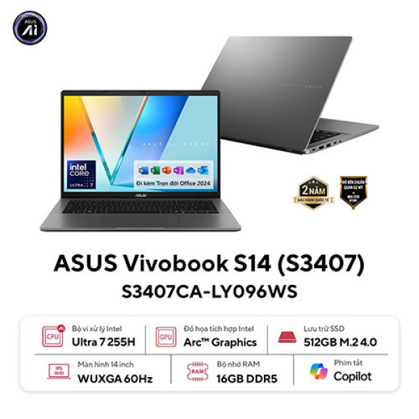 Laptop ASUS Vivobook S14 S3407CA-LY096WS (Ultra 7 255H | 16GB | 512GB |  Intel® Graphics | 14inch WUXGA | Win 11 | OfficeHS24 | Xám)