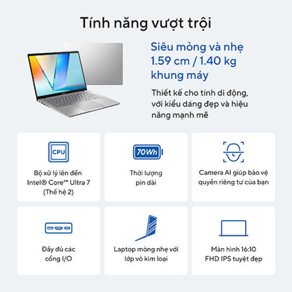 Laptop ASUS Vivobook S14 S3407VA-LY046W (Core™ i5-13420H | 16GB | 512GB | Intel® UHD Graphics | 14inch WUXGA | Win 11 | Bạc)