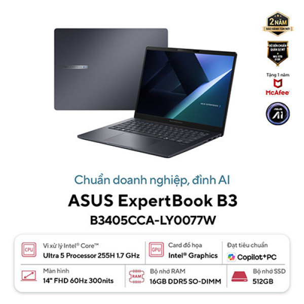 Laptop Asus ExpertBook B3 B3405CCA-LY0077W (Ultra 5 225H | 16GB | 512GB | Intel Graphics | 14inch WUXGA | Win11 | Xám )