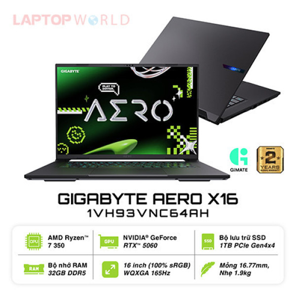 Laptop Gigabyte AERO X16 X161VH93VNC64AH (Ryzen™ AI 7 350 | 32GB | 1TB | RTX™ 5060 | 16inch WQXGA 165Hz | Win 11 | Xám)