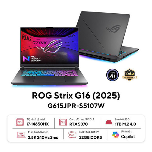 Laptop ASUS ROG Strix G16 G615JMR-S5107W (Core™ i7-14650HX | 32GB | 1TB | RTX 5070 12GB | 16.0inch WQXGA 240Hz | Win 11 | Xám) 