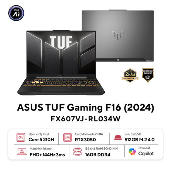 Laptop ASUS TUF Gaming F16 FX607VJ-RL034W (Core 5 210H | 16GB | 512GB | RTX 3050 | 16 inch WUXGA 144Hz | Win 11 | Xám)