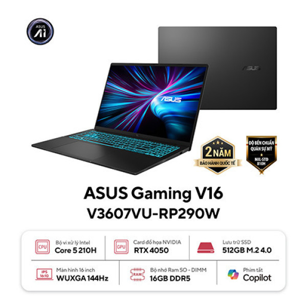 Laptop ASUS Gaming V16 V3607VU-RP290W (Core™ 5 210H | 16GB | 512GB | RTX 4050 | 16inch WUXGA 144Hz | Win 11 | Đen)