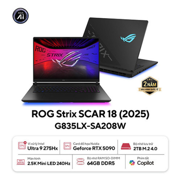 Laptop ASUS ROG Strix SCAR 18 G835LX-SA208W (Ultra 9 275HX | 64GB | 2TB | RTX 5090 | 18 inch WQXGA 240Hz | Win 11 | Đen)