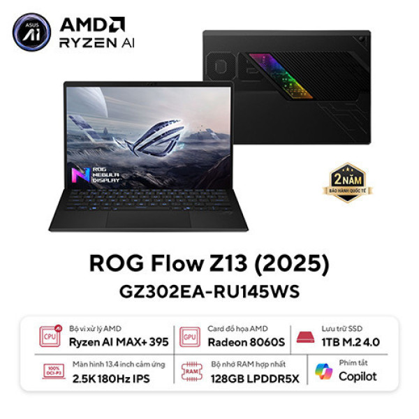 Laptop ASUS ROG Flow Z13 GZ302EA-RU145WS (Ryzen AI MAX+ 395 | 128GB | 1TB | AMD Radeon | 13.4inch WQXGA 180Hz | Cảm ứng | Win 11 | Office | Đen)