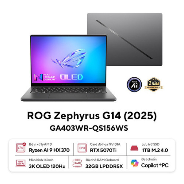 Laptop ASUS ROG Zephyrus GA403WR-QS156WS (Ryzen™ AI 9 HX 370 | 32GB | 1TB | RTX 5070Ti | 14.0 inch 3K OLED | Win 11 | Xám | Sạc nhanh)