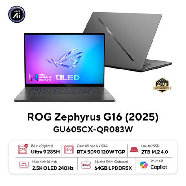 Laptop ASUS ROG Zephyrus GU605CR-QR107W (Intel® Core™ Ultra 9 285H | 32GB | 1TB | RTX™ 5070Ti | 16.0 inch WQXGA  240Hz | Win 11 | Xám | Sạc nhanh)