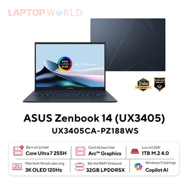 Laptop ASUS Zenbook 14 UX3405CA-PZ188WS (Ultra 7 255H | 32GB | 1TB | Intel® Arc™ Graphics | 14.0inch 3K OLED | Cảm ứng | Bút cảm ứng | Win 11 | Office | Xanh)