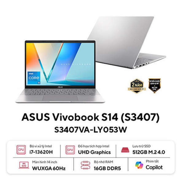 Laptop ASUS Vivobook S14 S3407VA-LY053W (Core™ i7-13620H | 16GB | 512GB | Intel® UHD Graphics | 14inch WUXGA | Win 11 | Bạc)
