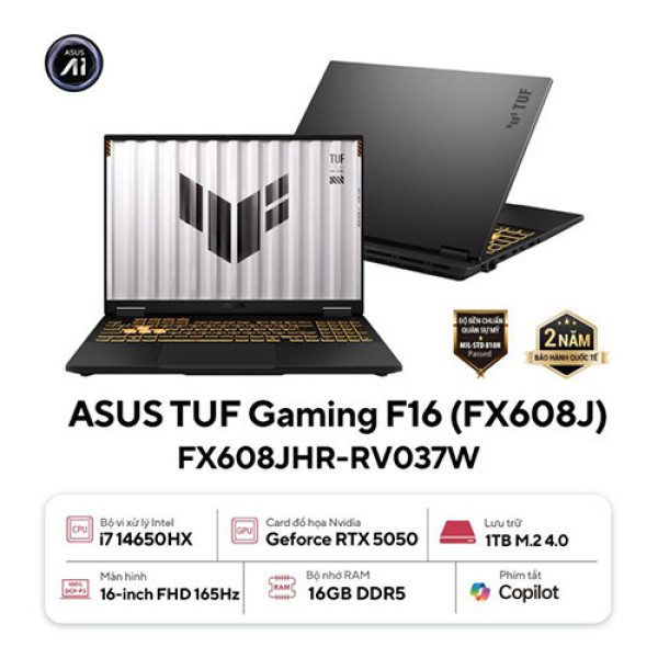 Laptop ASUS TUF Gaming F16 FX608JHR-RV037W (Core™ i7-14650HX | 16GB | 1TB | RTX 5050 | 16inch WUXGA 165Hz | Win 11 | Xám)