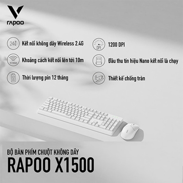 Combo Bàn phím + Chuột không dây Rapoo X1500 Trắng