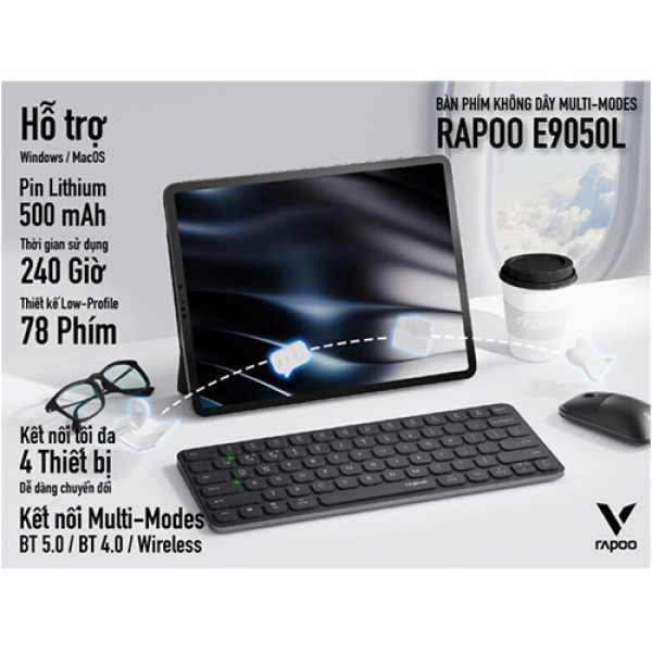 Bàn phím không dây Rapoo E9050L đa kết nối - Đen
