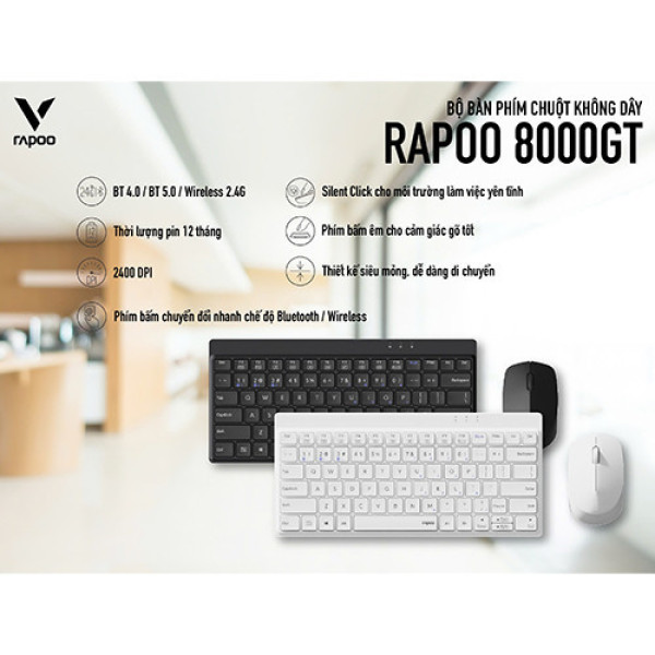 Combo Bàn phím + Chuột không dây Rapoo 8000GT đa chế độ - Trắng