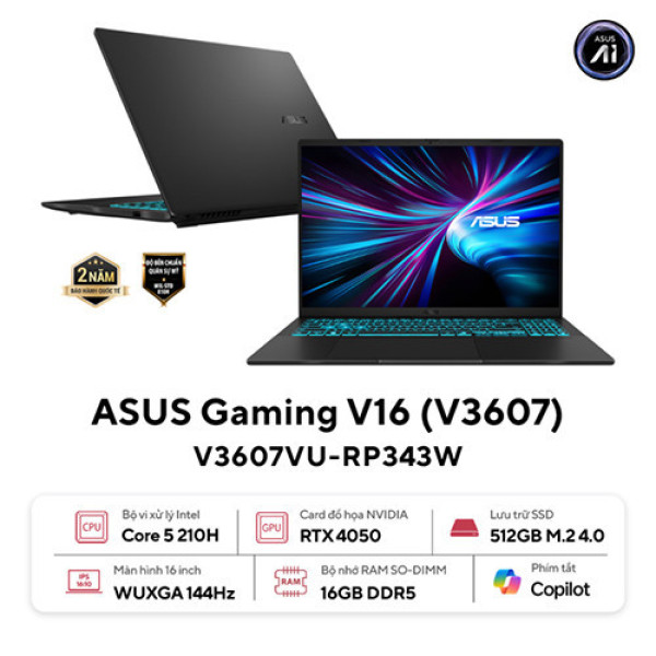 Laptop ASUS Gaming V16 V3607VU-RP343W (Core™ 5 210H | 16GB | 512GB | RTX 4050 | 16inch WUXGA 144Hz | Win 11 | Đen)