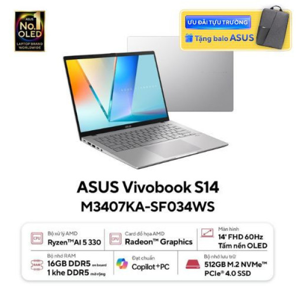 Laptop ASUS Vivobook S14 M3407KA-SF034WS ( Ryzen AI 5 330 | 16GB | 512GB | AMD Radeon™ Graphics | 14inch WUXGA OLED | Win 11 | Office | Bạc)