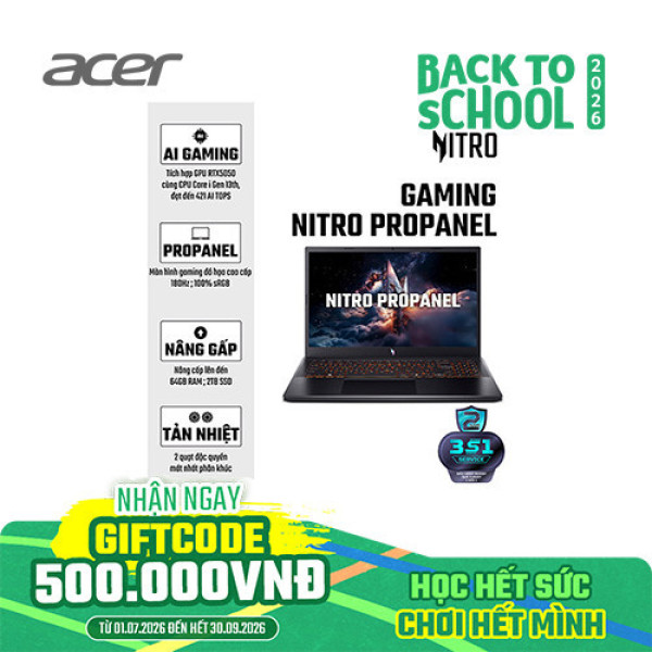 Laptop Acer Gaming Nitro ProPanel ANV15-52-59AA NH.QZ9SV.002 (Core™ i5-13420H  | 16GB | 512GB | RTX 5050 | 15.6 inch FHD 180Hz | Win 11 | Đen)