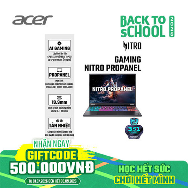 Laptop Acer Gaming Nitro ProPanel AN16S-61-R5F4 NH.QXFSV.001 (Ryzen™ AI 7 350 | 16GB | 512GB | RTX™ 5060 8GB | 16inch FHD+ 180Hz | Win 11 | Đen)