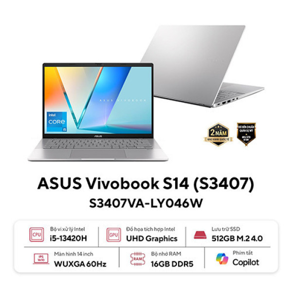 Laptop ASUS Vivobook S14 S3407VA-LY146W (Core 5 210H | 16GB | 512GB | Intel® UHD Graphics | 14inch WUXGA | Win 11 | Bạc)