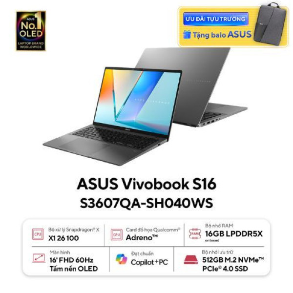 Laptop Asus Vivobook S16 S3607QA-SH040WS (Snapdragon X X1 26 100 | 16GB | 512GB | Qualcomm Adreno | 16 inch WUXGA OLED | Win 11 | Office | Xám)