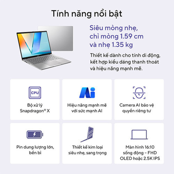 Laptop ASUS Vivobook S14 S3407QA-SF043WS (Snapdragon X X1 26 100 | 16GB | 512GB | Qualcomm Adreno GPU | 14 inch WUXGA OLED | Win 11 | Xám)