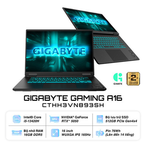 Laptop Gigabyte Gaming A16 CTHH3VN893SH (Core™ i5-13420H | 16GB | 512GB | RTX 5050 | 16inch FHD+ 165Hz | Win 11 | Đen)